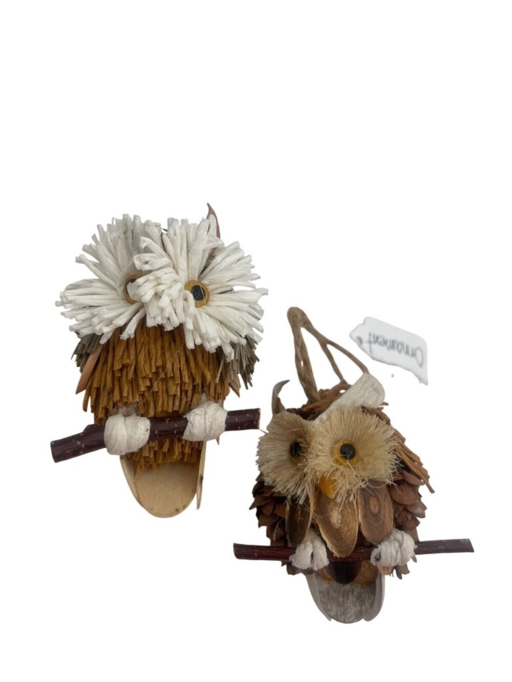 Handmade Natural Fiber Owl Ornaments Rustic Holiday Decoration Brown & White